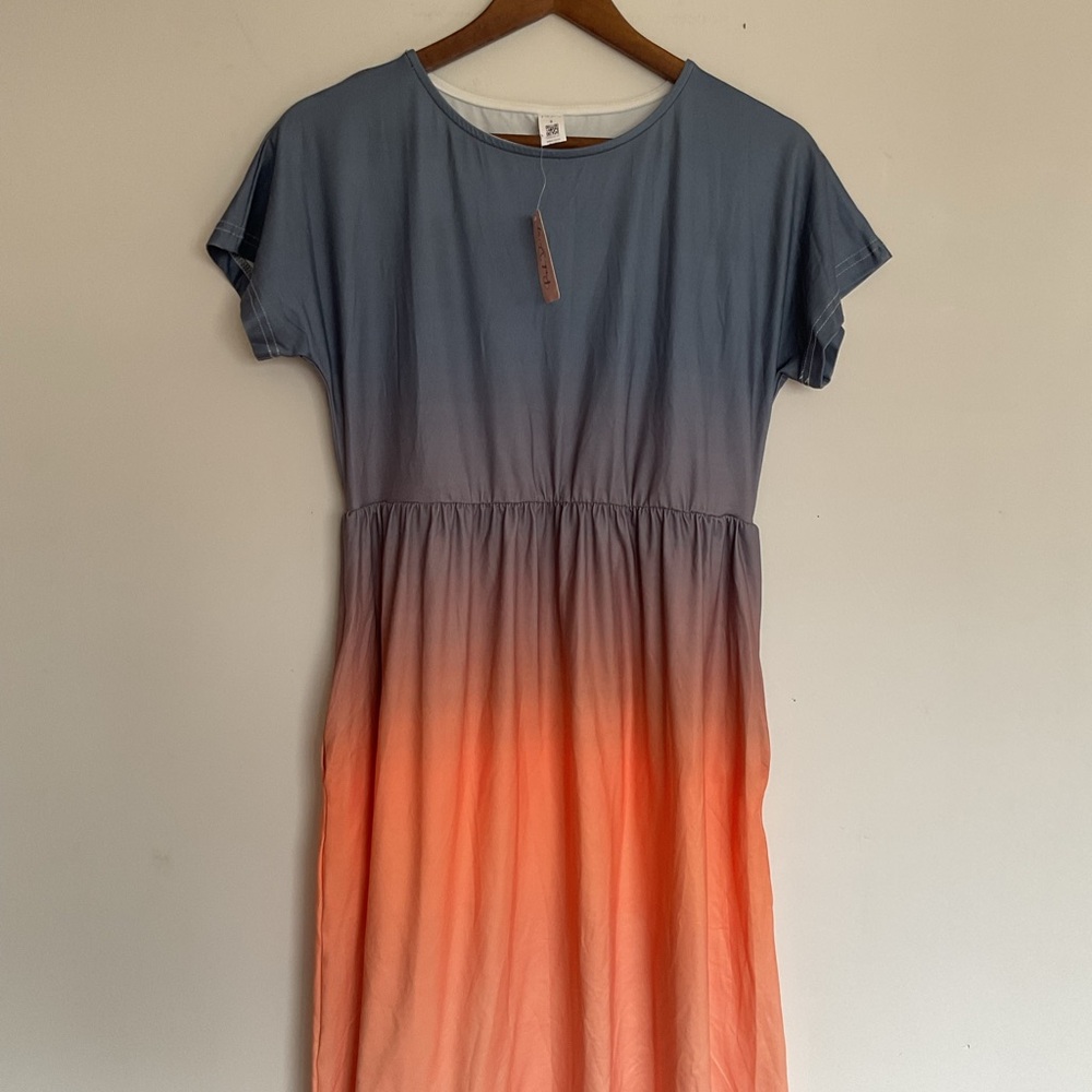 Blue and Orange Ombre Crew Neck Midi Dress